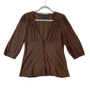 VTG Sonoma Y2K Babydoll Top Women M Brown Cottage Country Milkmaid Dainty Preppy